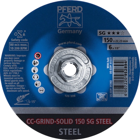 Pferd 61222 6in CC-GRIND-SOLID 5/8-11 Thd. - SG for STEEL 61222-PFERD